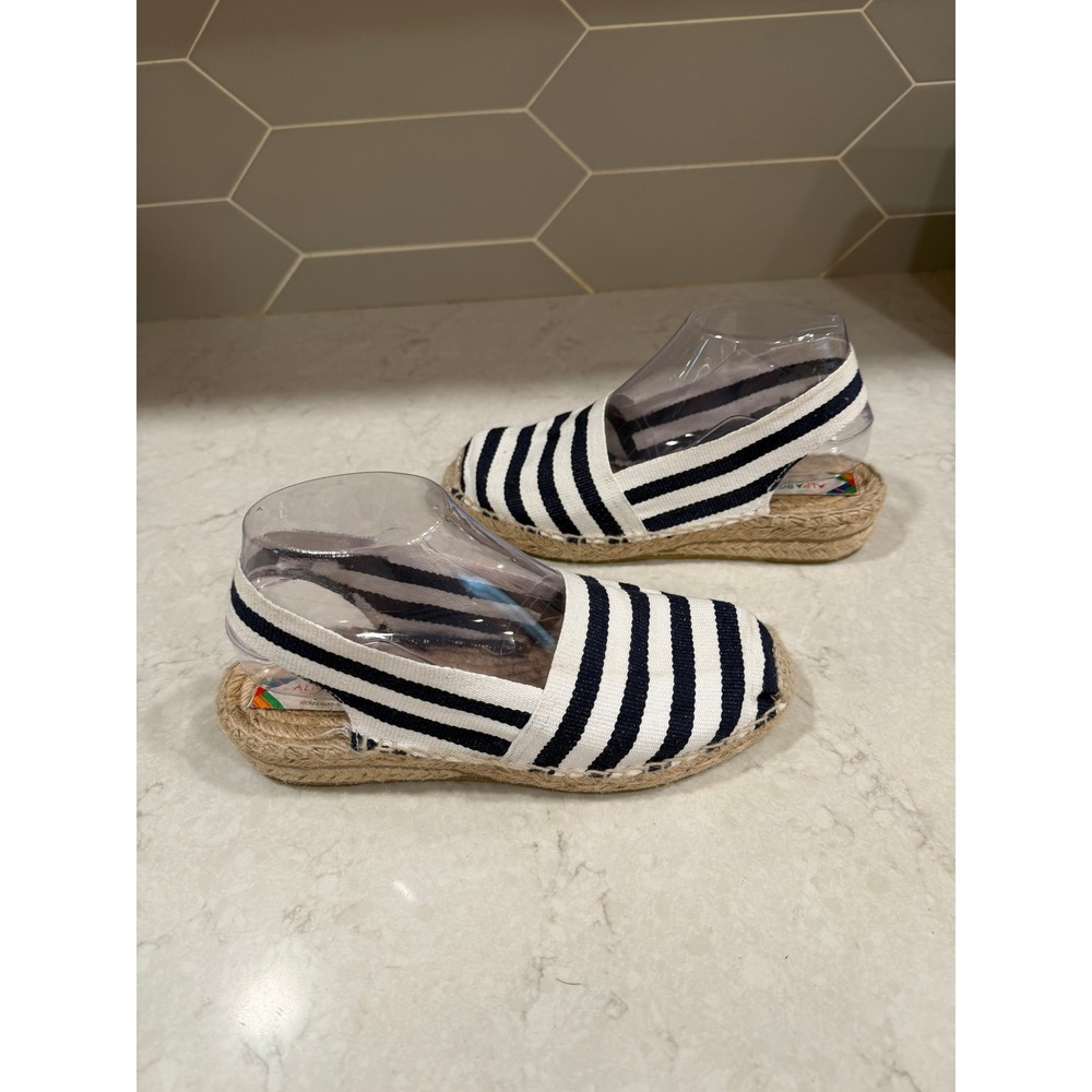 Alpargatus Navy White Striped Low Wedge Slingback Espadrilles Spain Size 37